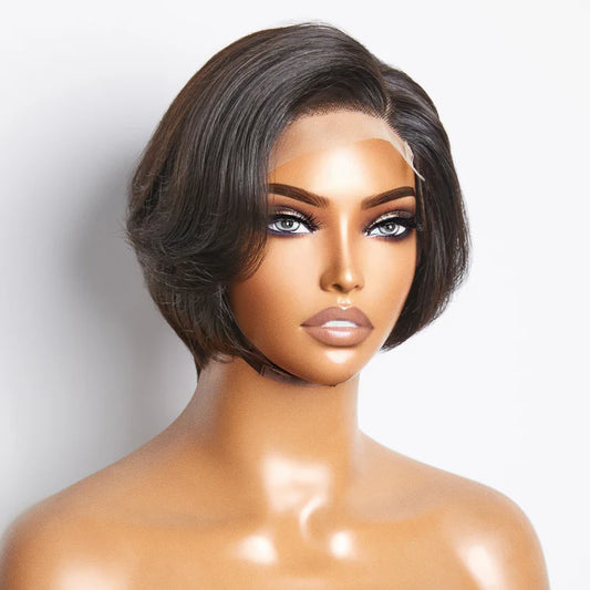 8 Inches 4"x4" Natural Black Straight Bob Side Part Lace Closure Wig-100% Human Hair