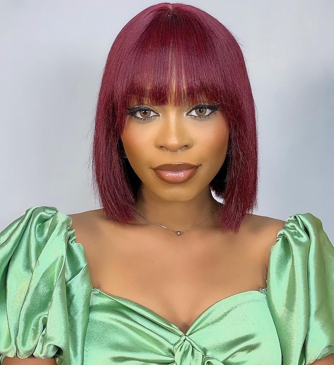 10 Inches Reddish Purple Layered Cut Yaki Straight #99J Lace Bob Wig With Bangs