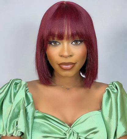 10 Inches Reddish Purple Layered Cut Yaki Straight #99J Lace Bob Wig With Bangs
